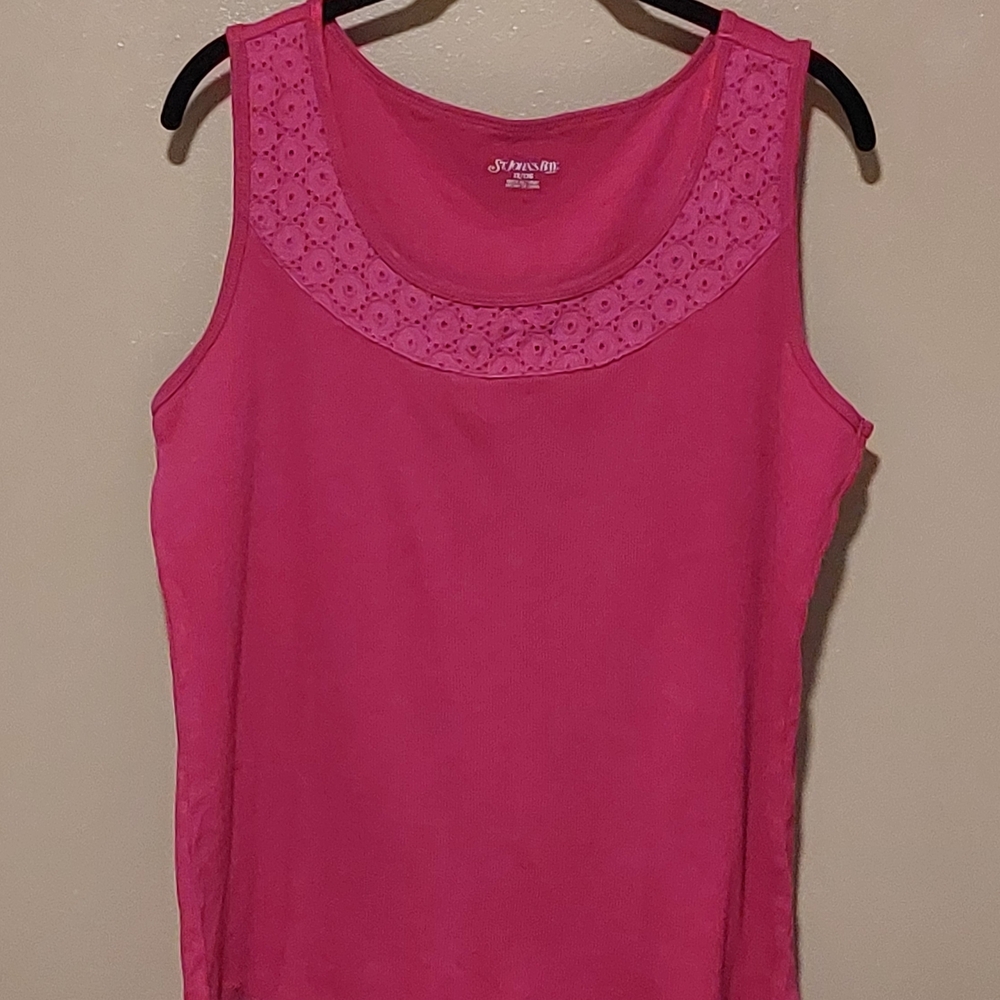 St. John's Bay Women's Fuchsia Tank Top With Embroided Collar, Size 1X
